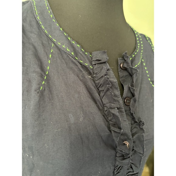 Tory Burch Ruffle Front Tank Top Navy Blue Green Stitching Buttons Size‎ 8 - Picture 3 of 8